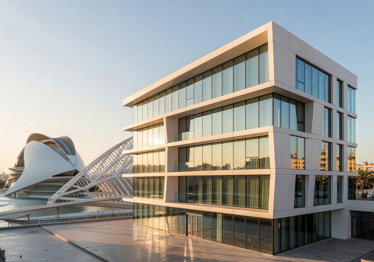 Barcelo Valencia hotel modern exterior with City of Arts and Sciences nearby