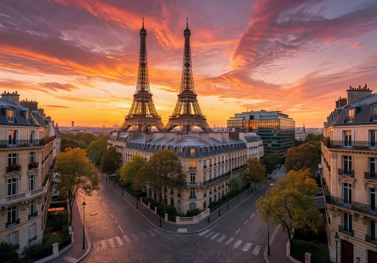 Eiffel Tower at sunset with Parisian streets leading to Pullman hotel area