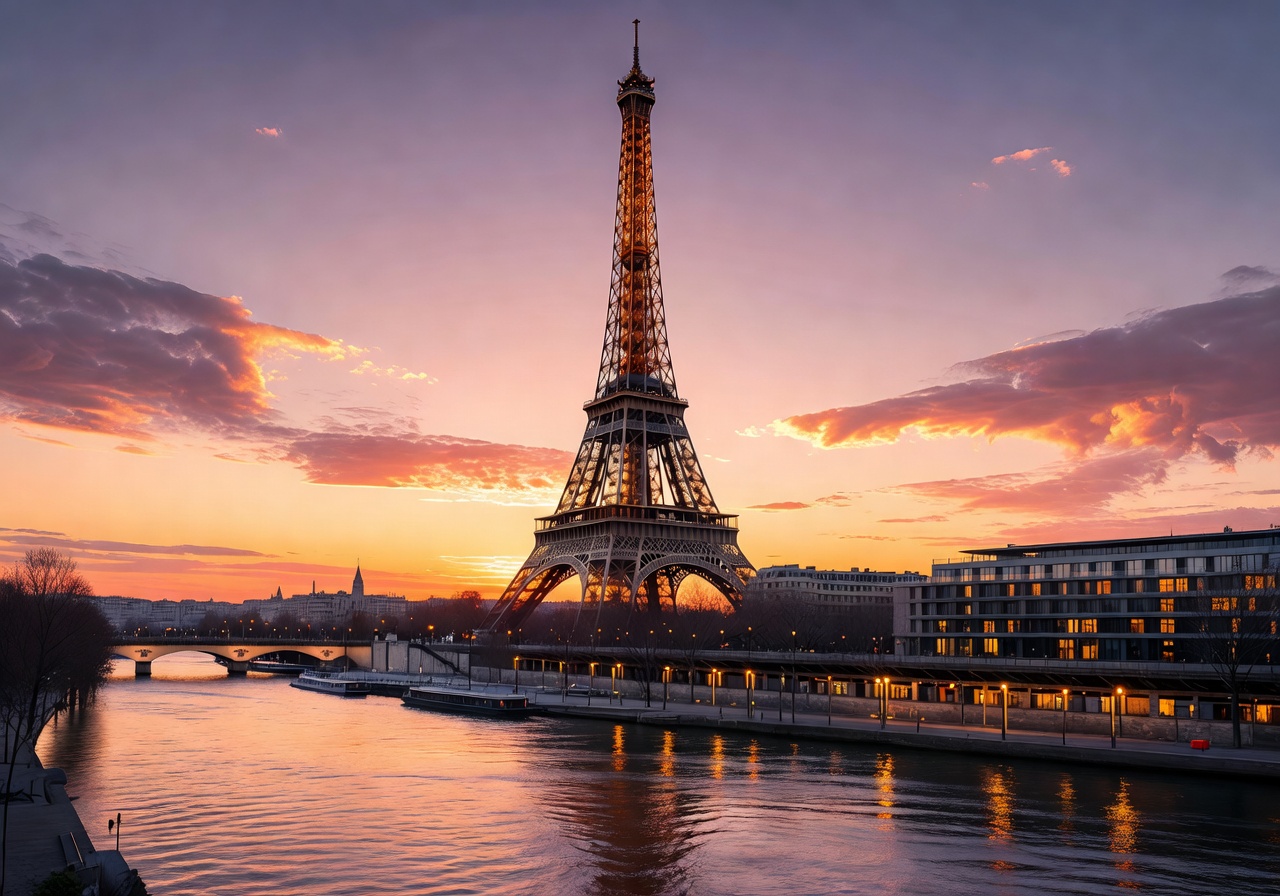 Eiffel Tower view near Pullman Paris Tour Eiffel hotel at sunset