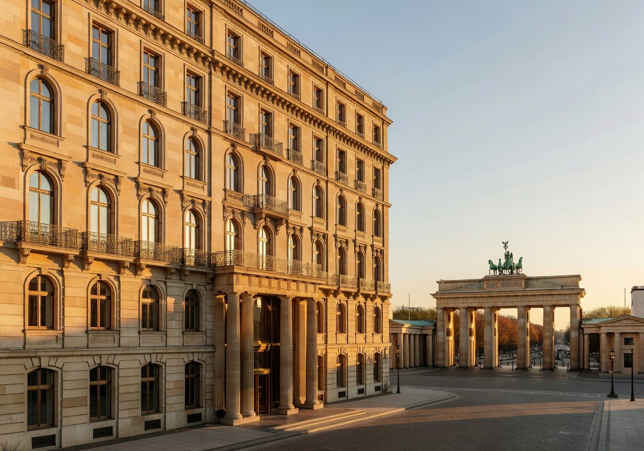 Grand exterior of Hotel Adlon Kempinski Berlin with Brandenburg Gate visible in background