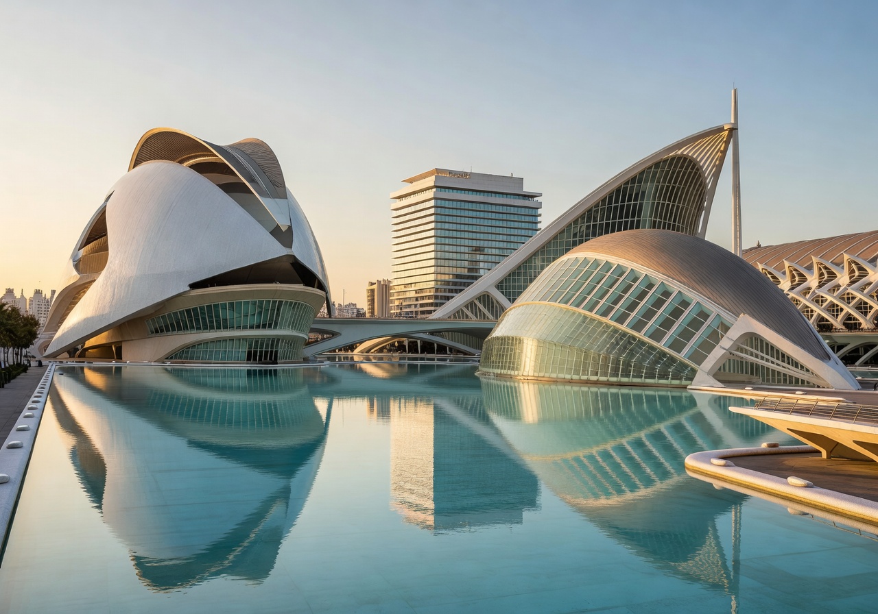Modern architecture of City of Arts and Sciences near Barcelo Valencia hotel in Spain
